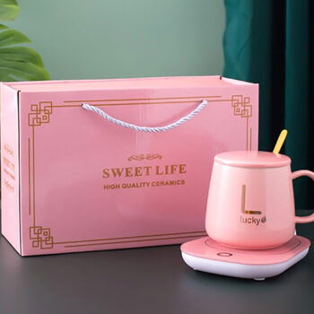 Coffee Warmer Gift Set Color Pink Ceramic Keeping Your Coffee Warm for Coffee Lovers Office and Home use