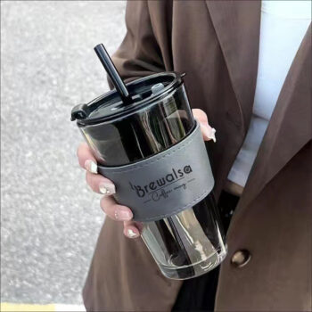 Brewalsa 400ml Glass Coffee Sipper Mug with Faux Leather Grip